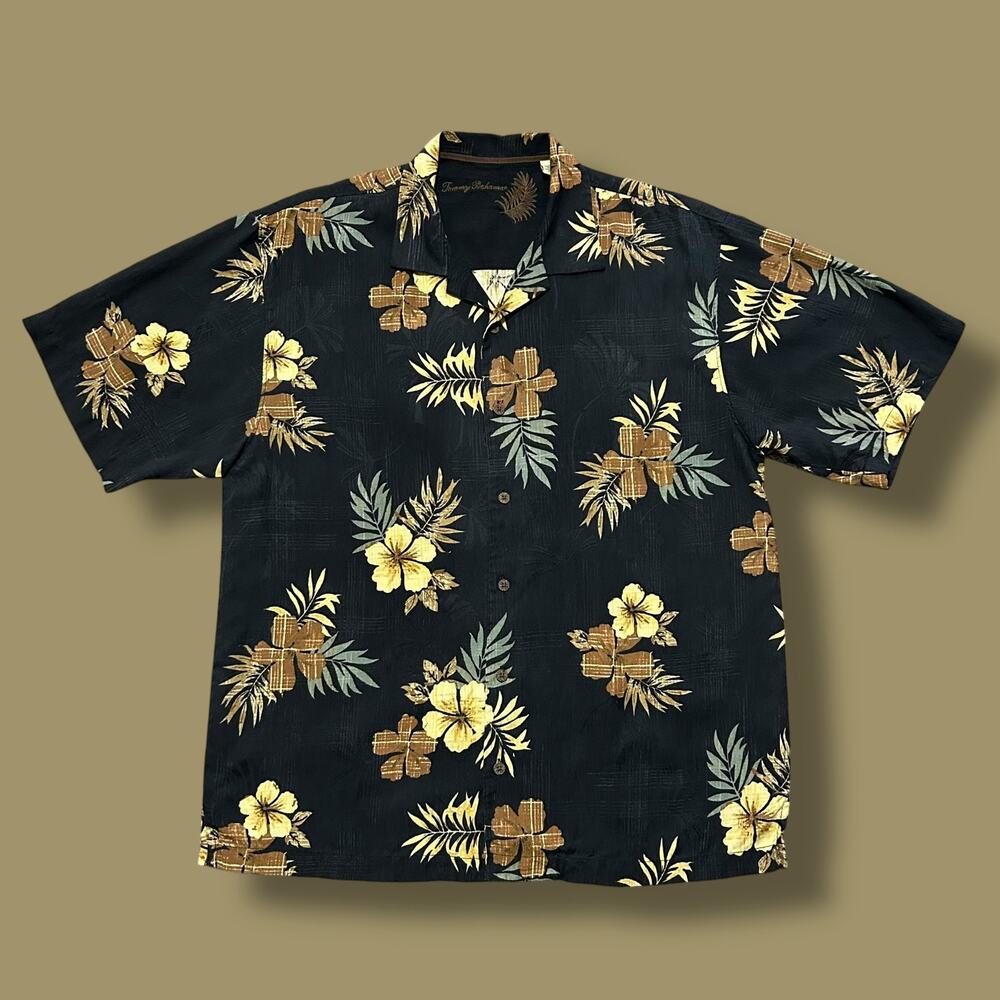 Vintage Tommy Bahama Silk Hawaiian Shirt Aloha Camp Collar Button Up Y2k Black